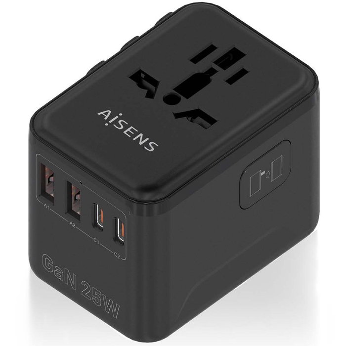 Aisens Adaptador de Viaje Universal GaN con 2xUSB-C y 2xUSB-A Negro